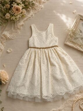 American Princess Ivory Lace Dress with Gold Beaded Waist